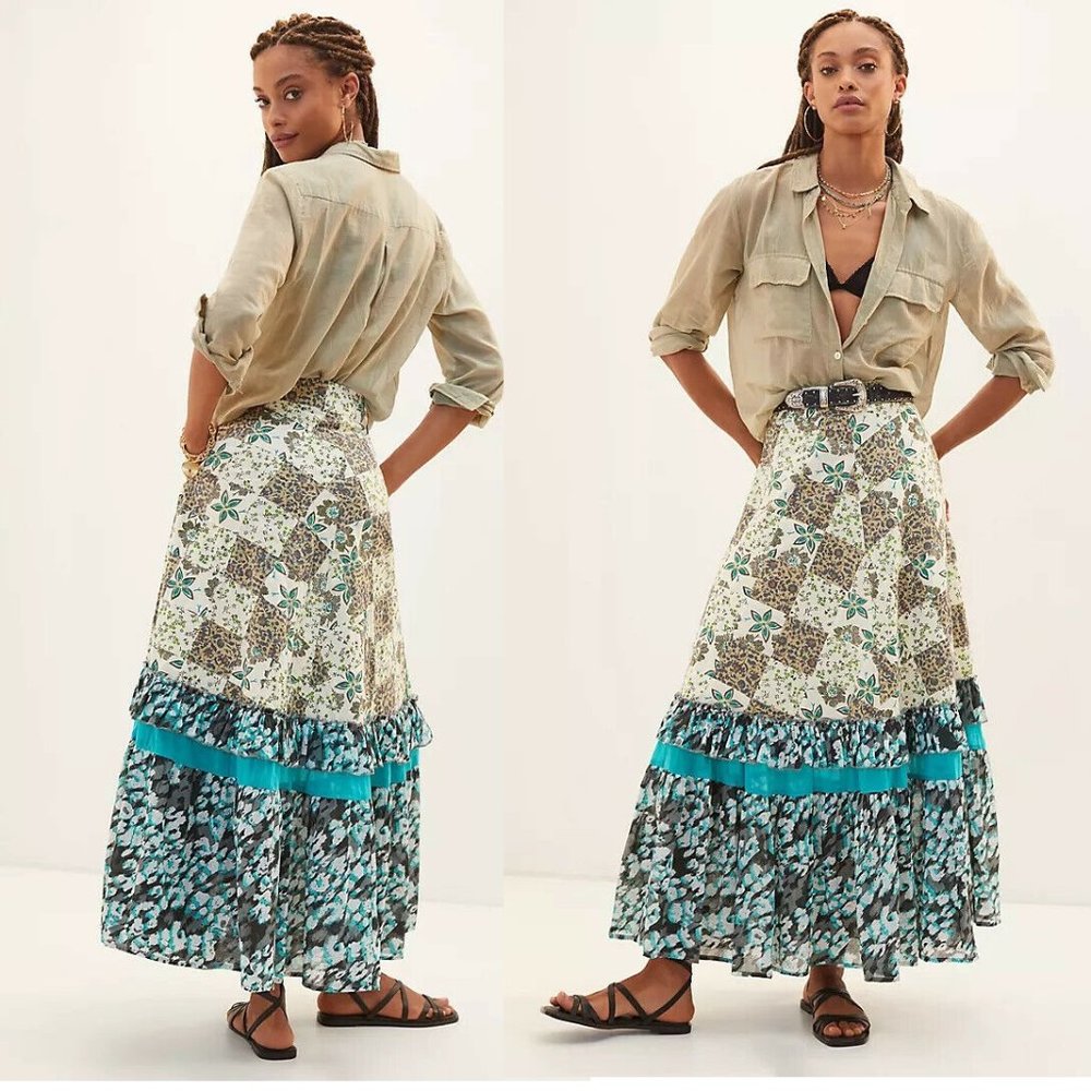 Anthropologie Patchwork Floral Maxi Skirt in Teal, Ivory, Brown